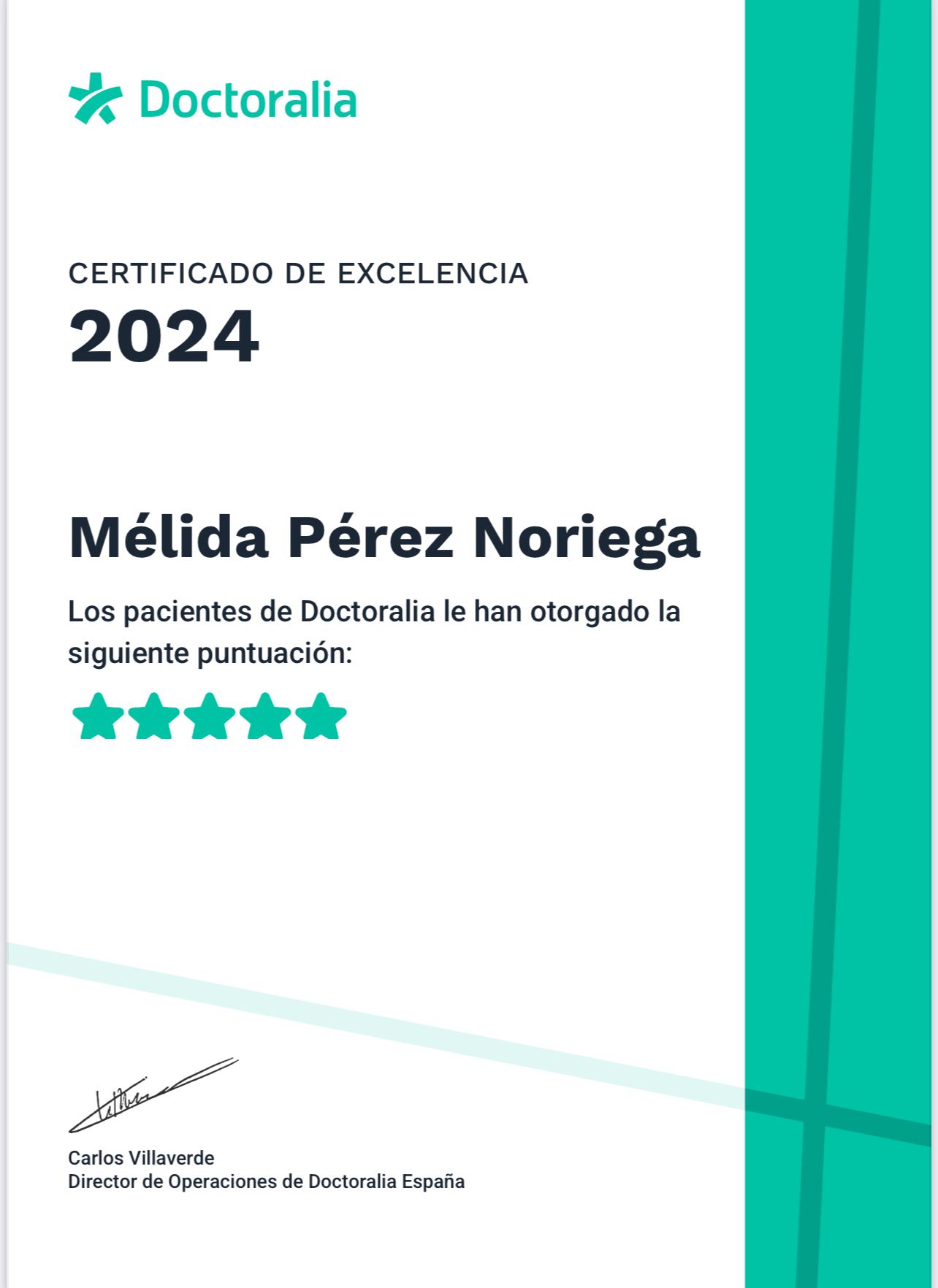 M�lida P�rez Noriega recibe el Certificado de Excelencia 2024 de Doctoralia